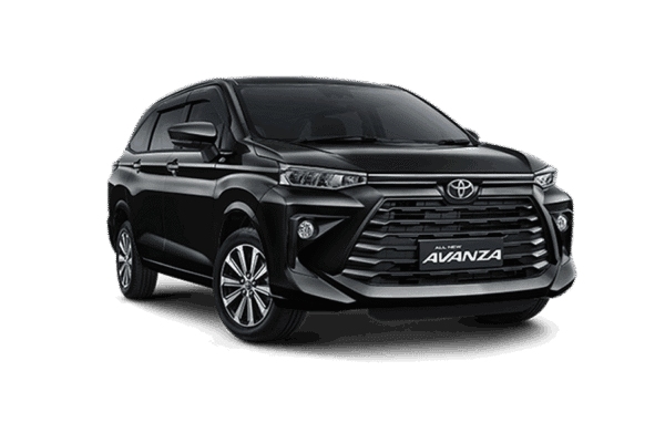 Toyota Avanza hitam tampak depan untuk layanan rental mobil Bandung dengan driver profesional