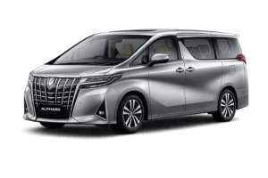 Toyota Alphard abu-abu tampak samping untuk layanan sewa mobil premium Bandung dengan driver profesional