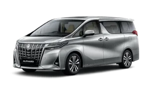 Toyota Alphard abu-abu tampak samping untuk layanan sewa mobil premium Bandung dengan driver profesional