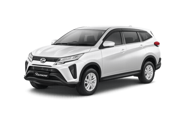 Daihatsu Terios putih tampak serong depan dan samping untuk layanan sewa mobil Bandung dengan driver profesional
