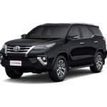 Toyota Fortuner hitam tampak serong depan dan samping untuk layanan sewa mobil premium Bandung dengan driver profesional