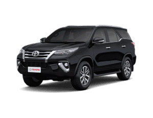 Toyota Fortuner hitam tampak serong depan dan samping untuk layanan sewa mobil premium Bandung dengan driver profesional