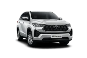 Toyota Innova Zenix type G putih tampak depan untuk layanan sewa mobil Bandung dengan driver profesional