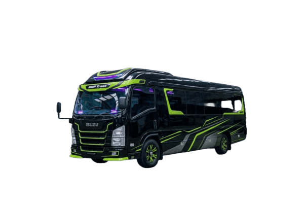 Isuzu Long Elf hitam strip kuning tampak serong depan dan samping untuk layanan sewa Elf Bandung dengan driver profesional