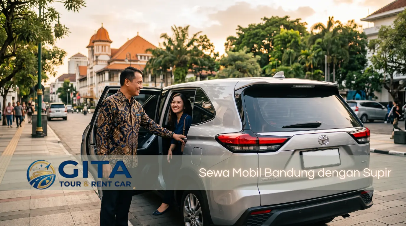 Supir profesional Gita Tour & Rent Car siap melayani sewa mobil Bandung dengan supir, dengan mobil bersih dan latar pegunungan.